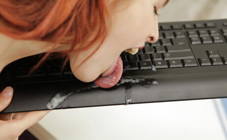 Stunning spanish redheaded teen Amarna Miller blows on huge dick and gets a cumshot in mouth in office