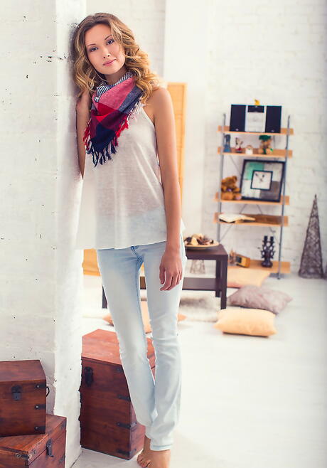 Slender blonde teen Monica A in sexy jeans denudes tiny tits and spreads her legs 